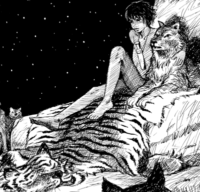 Mowgli and Akela with Shere Khan's hide